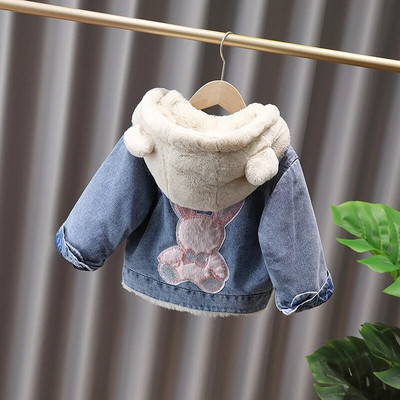 Φθινοπωρινό χειμωνιάτικο τζιν μπουφάν για κορίτσια με γούνα φιόγκο με κουκούλα βελούδινο χοντρό μωρό πανωφόρι παλτό 2-9 ετών Κορεάτικο Παιδικό Ζεστό στολή Parka