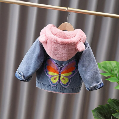 Φθινοπωρινό χειμωνιάτικο τζιν μπουφάν για κορίτσια με γούνα φιόγκο με κουκούλα βελούδινο χοντρό μωρό πανωφόρι παλτό 2-9 ετών Κορεάτικο Παιδικό Ζεστό στολή Parka