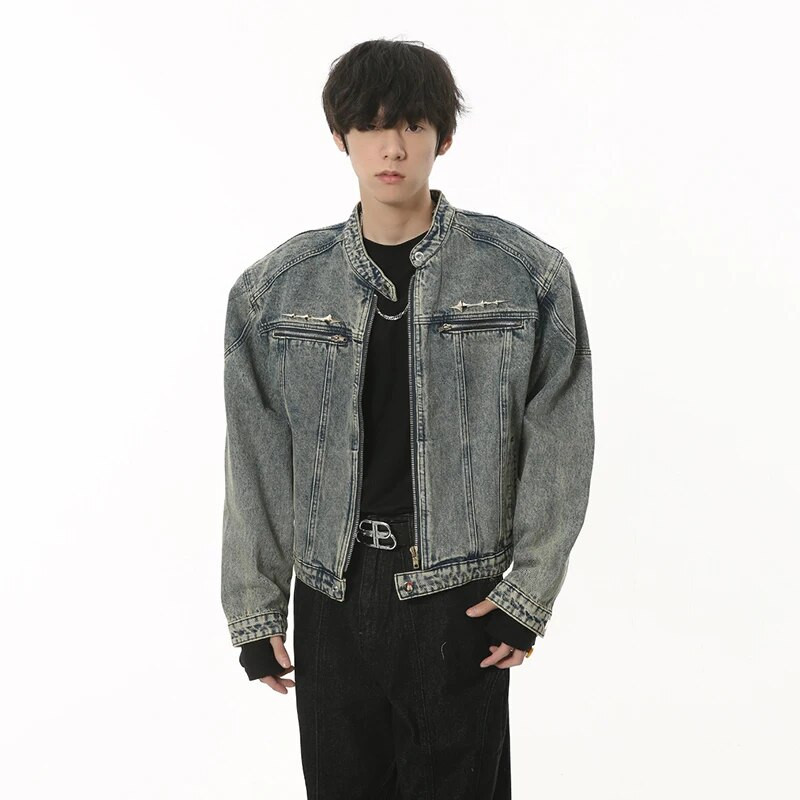 Ανδρικό τζιν παλτό IEFB Niche Metal Design Distressed Washed Jean Jacket Hip Hop Ανδρικό Streetwear Zipper Casual Outerwear 9C1882