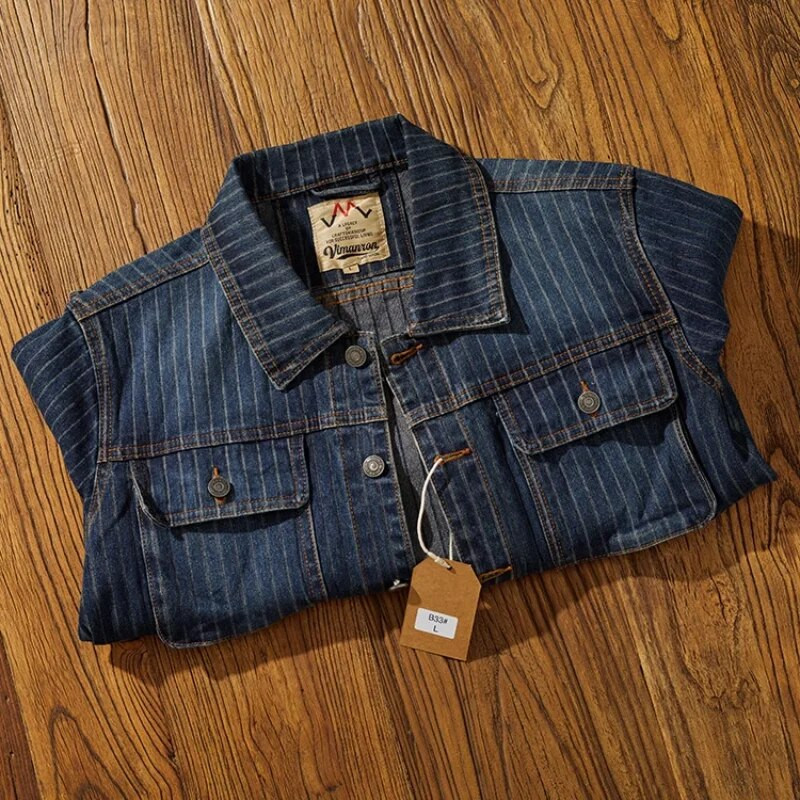 Jachetă de denim spălată îmbrăcăminte de lucru pentru bărbați, veche, cu dungi, de toamnă, un top all-in-one