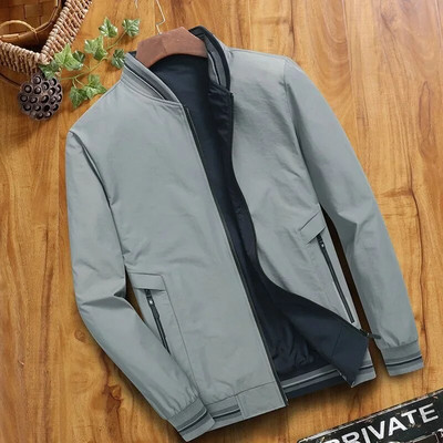 Jachetă bicoloră pentru bărbați de primăvară și toamnă, cu două fețe, guler de baseball, buzunar cu fermoar, jachetă subțire ocazională de modă pentru bărbați