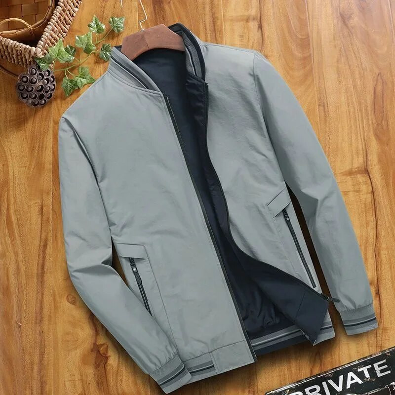Jachetă bicoloră pentru bărbați de primăvară și toamnă, cu două fețe, guler de baseball, buzunar cu fermoar, jachetă subțire ocazională de modă pentru bărbați
