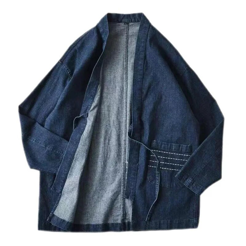 Pánska džínsová kimono bunda, japonský haori pruhovaný strih, otvorený strih, jar 2023, nová džínsová bunda so stojatým golierom, tmavomodrá
