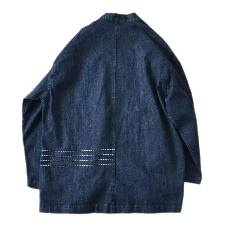 Pánska džínsová kimono bunda, japonský haori pruhovaný strih, otvorený strih, jar 2023, nová džínsová bunda so stojatým golierom, tmavomodrá