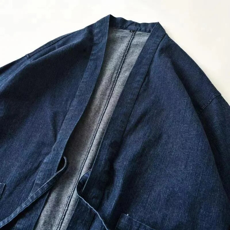 Pánska džínsová kimono bunda, japonský haori pruhovaný strih, otvorený strih, jar 2023, nová džínsová bunda so stojatým golierom, tmavomodrá