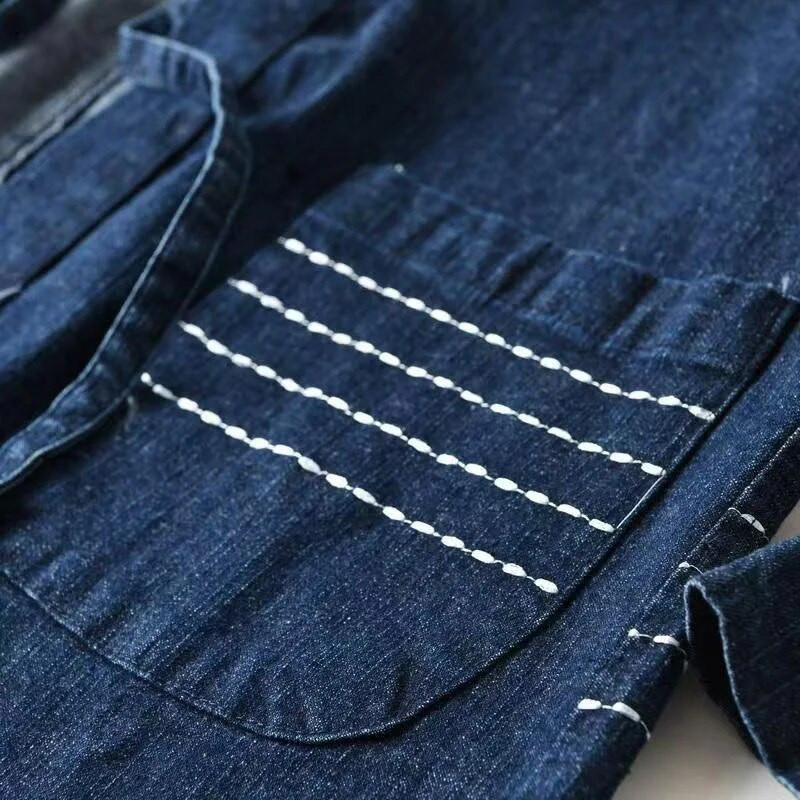 Pánska džínsová kimono bunda, japonský haori pruhovaný strih, otvorený strih, jar 2023, nová džínsová bunda so stojatým golierom, tmavomodrá