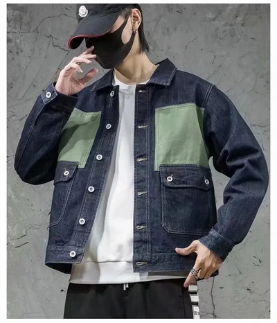 2023. aasta sügisene mootoriga teksajakk Foe Meeste High Street Patchwork Vintage Chaqueta Masculina Classic Baggy Mitmetaskulised mantlid Meestele