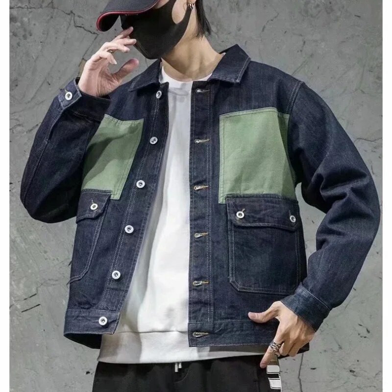 2023. aasta sügisene mootoriga teksajakk Foe Meeste High Street Patchwork Vintage Chaqueta Masculina Classic Baggy Mitmetaskulised mantlid Meestele