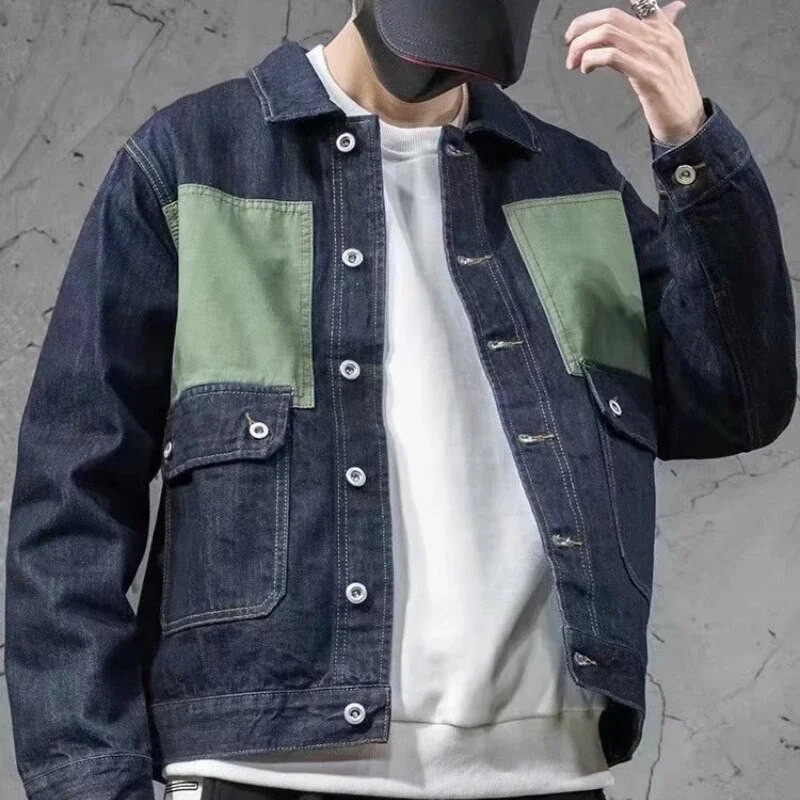 2023. aasta sügisene mootoriga teksajakk Foe Meeste High Street Patchwork Vintage Chaqueta Masculina Classic Baggy Mitmetaskulised mantlid Meestele