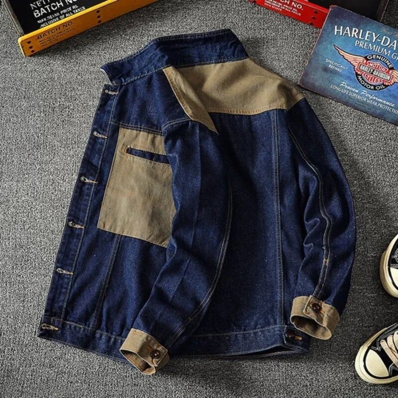 2023. aasta sügisene mootoriga teksajakk Foe Meeste High Street Patchwork Vintage Chaqueta Masculina Classic Baggy Mitmetaskulised mantlid Meestele