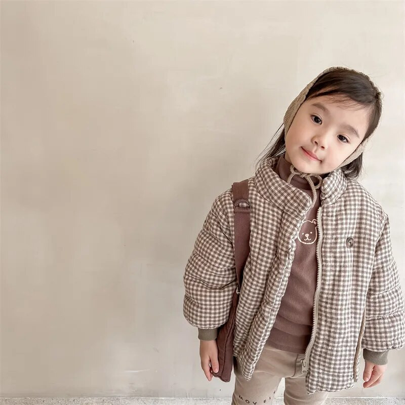 Téli Gyerek Parkok Divat Gyermek Kockás Párnázott Meleg dzsekik Lányok Belsõ Polár Vastag Cipzáras Kabát