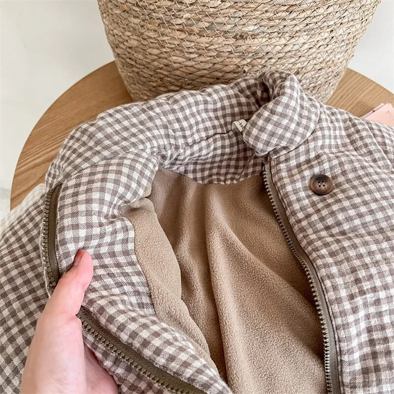 Téli Gyerek Parkok Divat Gyermek Kockás Párnázott Meleg dzsekik Lányok Belsõ Polár Vastag Cipzáras Kabát