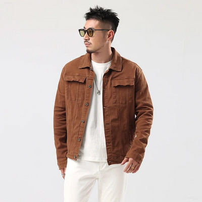 Jachetă de denim caramel pentru bărbați, primăvară și toamnă 2023, stil nou, clasică, elastică, subțire, pentru bărbați