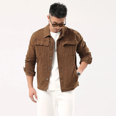 Jachetă de denim caramel pentru bărbați, primăvară și toamnă 2023, stil nou, clasică, elastică, subțire, pentru bărbați