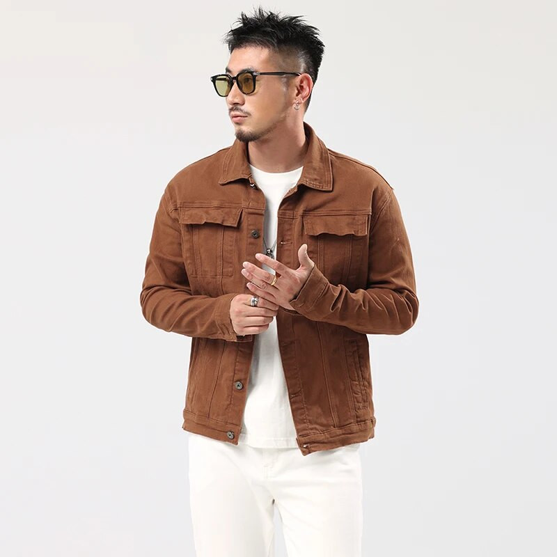 Jachetă de denim caramel pentru bărbați, primăvară și toamnă 2023, stil nou, clasică, elastică, subțire, pentru bărbați