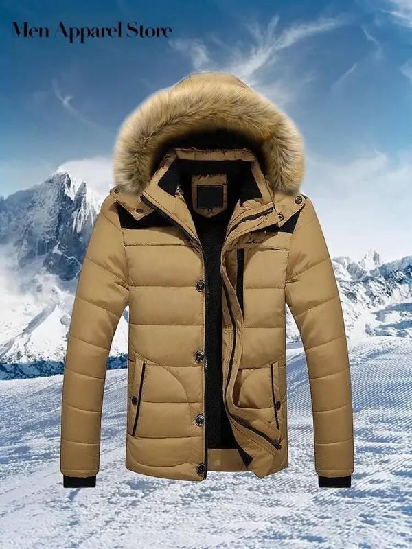 Pánska bavlnená bunda s kapucňou 2023, nová zimná pánska kožušinová bunda s golierom, zipsom a gombíkmi, tenká, hrubá, teplá, s dlhým rukávom, vreckom