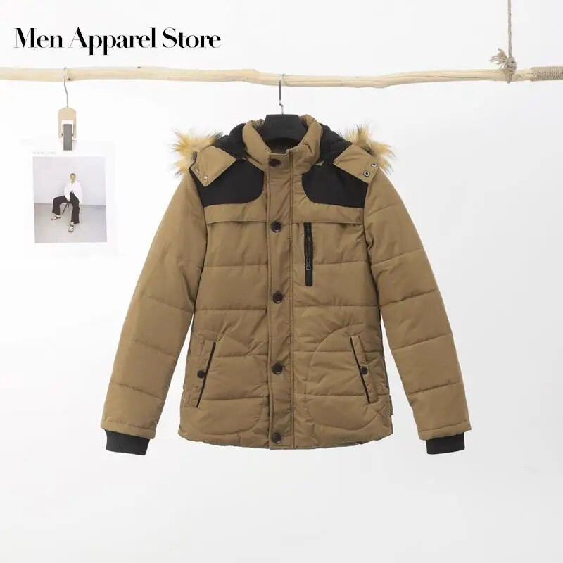 Pánska bavlnená bunda s kapucňou 2023, nová zimná pánska kožušinová bunda s golierom, zipsom a gombíkmi, tenká, hrubá, teplá, s dlhým rukávom, vreckom