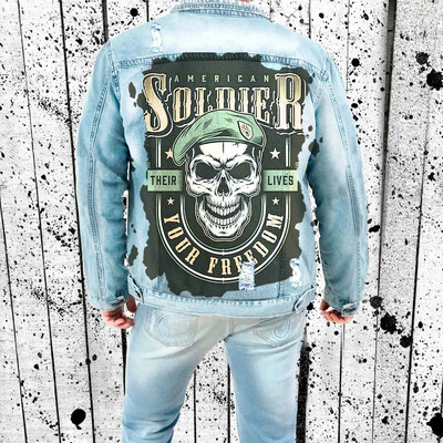 Férfi koponya nyomattal, mosott vízben szakadt farmerdzseki, laza alkalmi kabát, High Street, nagykereskedés, új termékek, őszi