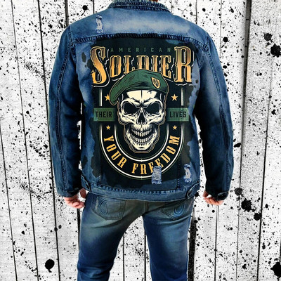 Férfi koponya nyomattal, mosott vízben szakadt farmerdzseki, laza alkalmi kabát, High Street, nagykereskedés, új termékek, őszi