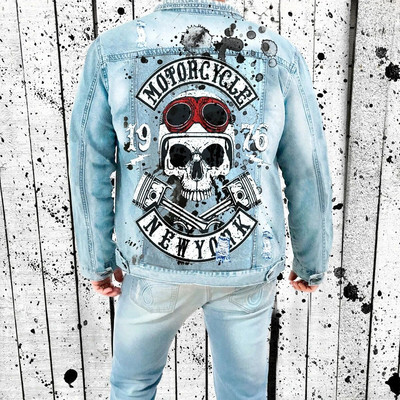 Férfi koponya nyomattal, mosott vízben szakadt farmerdzseki, laza alkalmi kabát, High Street, nagykereskedés, új termékek, őszi