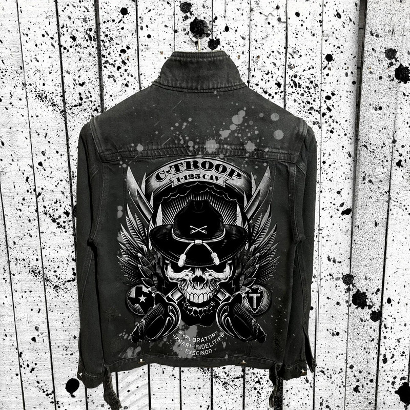 Férfi koponya nyomattal, mosott vízben szakadt farmerdzseki, laza alkalmi kabát, High Street, nagykereskedés, új termékek, őszi