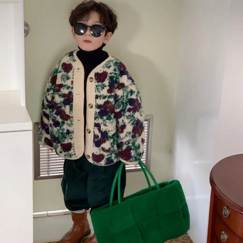 2023 Χειμώνας Παιδικό μάλλινο παλτό για αγόρι Βαμβακερό με φλοράλ εμπριμέ μωρό παλτό ζακέτα ρετρό χαλαρό μακρυμάνικο παιδικό πουλόβερ για αγόρι