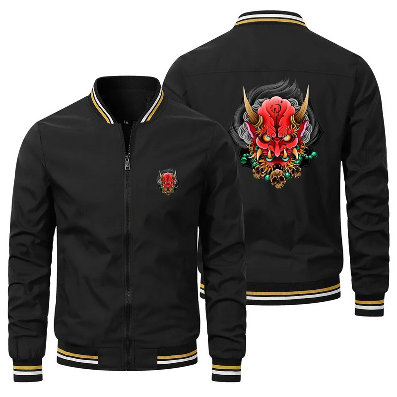 Pánska hip hopová nadrozmerná pilotná bunda, pánska bunda s dlhým rukávom, módna japonská samurajská potlač s duchmi, motorkárska bunda, veľkosť S-5XL