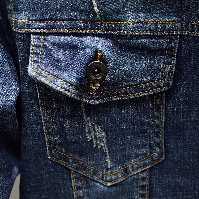 Pánska módna úzka džínsová bunda, klasický dizajn, poškriabaný modrý slim fit, krátky ležérny jarný jesenný kabát, pánske značkové oblečenie