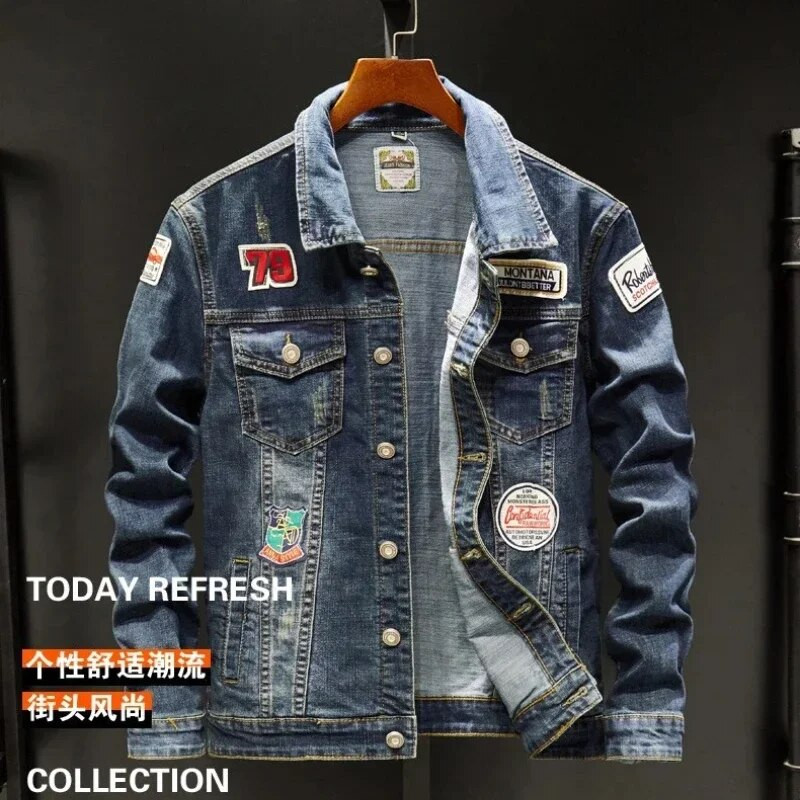 Jachetă din denim de primăvară toamnă pentru bărbați, îmbrăcăminte de stradă hip hop, cu imprimeu de motocicletă punk, îmbrăcăminte cowboy, de înaltă calitate, ocazional, pentru bărbați.