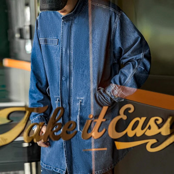 Maden American Retro M65 Denim Fishtail Trench Coats Свободен профил Ветровка със средна дължина Мъжки есенни якета Ежедневно палто