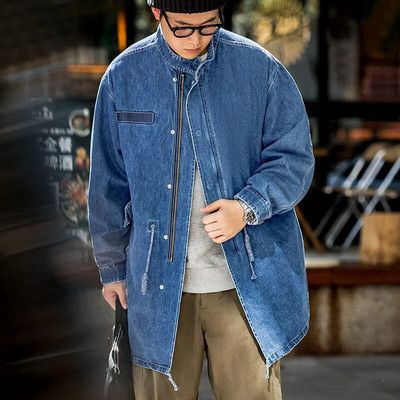 Maden American Retro M65 Denim Fishtail Trench Mēteļi Brīva profila Vidēja garuma Vējjaka Vīriešu Rudens Jakas Ikdienas virsjaka