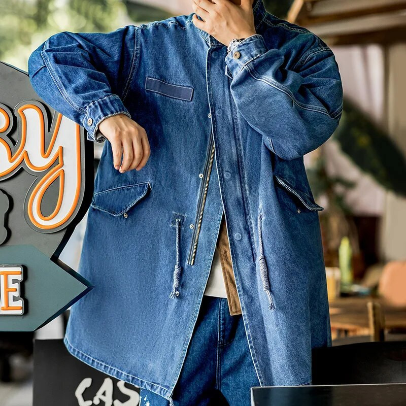 Maden American Retro M65 Denim Fishtail Trenchcoat Loose Profile Mid-Light Windbreaker Pánske Jesenné Bundy Casual Overcoat