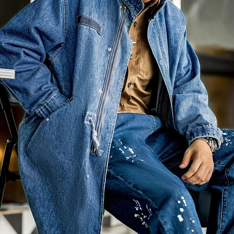 Maden American Retro M65 Denim Fishtail Trenchcoat Loose Profile Mid-Light Windbreaker Pánske Jesenné Bundy Casual Overcoat