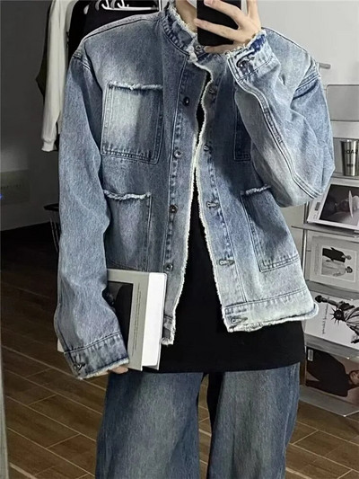 Jachetă din denim cu margine brută spălată în nișă, pentru bărbați, culoare degradată, la modă, retro, paltoane scurte largi, îmbrăcăminte de stradă americană pentru tineret, cu umăr lat