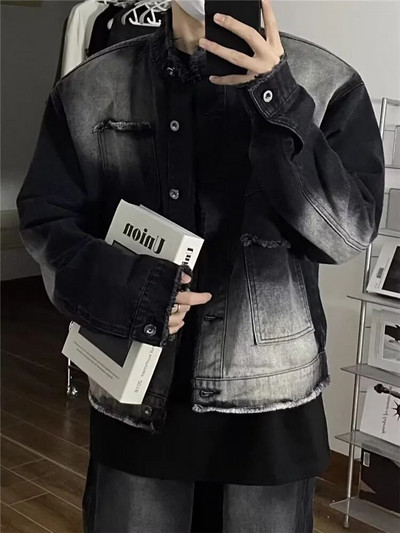 Jachetă din denim cu margine brută spălată în nișă, pentru bărbați, culoare degradată, la modă, retro, paltoane scurte largi, îmbrăcăminte de stradă americană pentru tineret, cu umăr lat