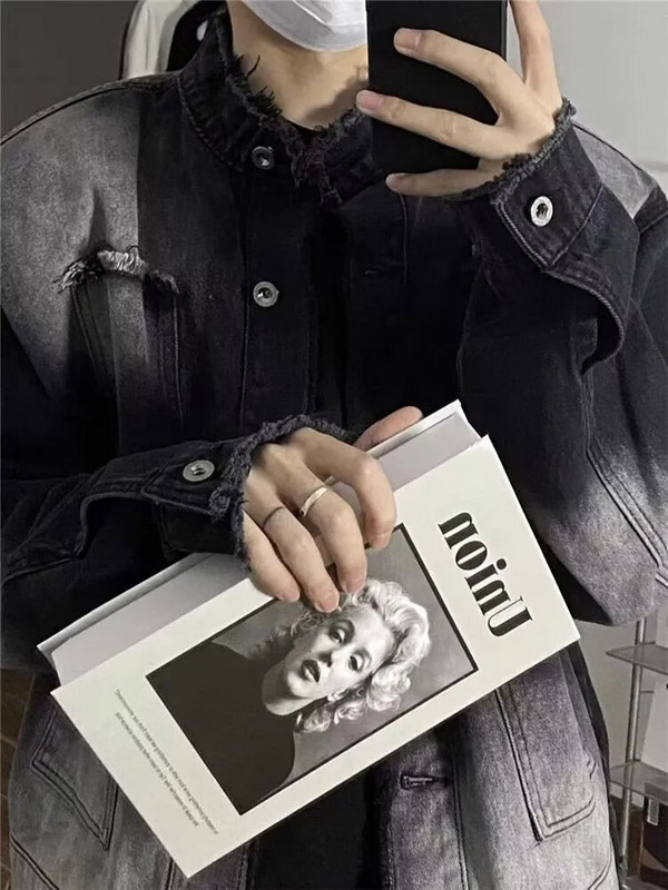 Jachetă din denim cu margine brută spălată în nișă, pentru bărbați, culoare degradată, la modă, retro, paltoane scurte largi, îmbrăcăminte de stradă americană pentru tineret, cu umăr lat