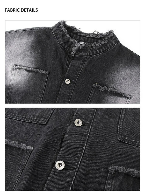 Jachetă din denim cu margine brută spălată în nișă, pentru bărbați, culoare degradată, la modă, retro, paltoane scurte largi, îmbrăcăminte de stradă americană pentru tineret, cu umăr lat
