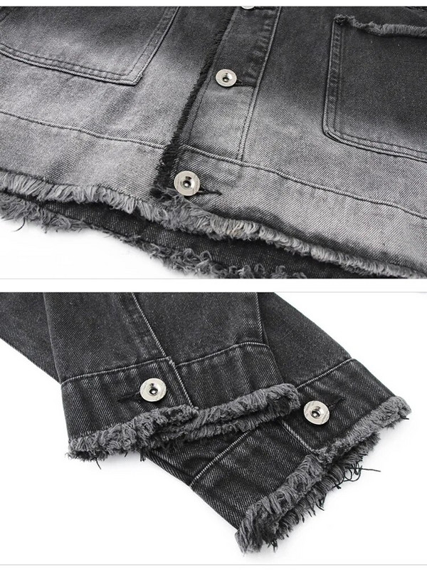 Jachetă din denim cu margine brută spălată în nișă, pentru bărbați, culoare degradată, la modă, retro, paltoane scurte largi, îmbrăcăminte de stradă americană pentru tineret, cu umăr lat