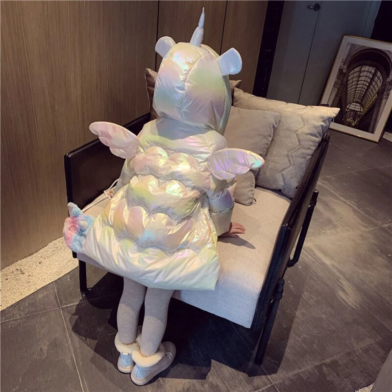 Jachetă de iarnă pentru fetiță, drăguț unicorn, paltoane colorate pentru fete, parka caldă cu glugă, costum de zăpadă, îmbrăcăminte exterioară pentru copii, rezistentă la vânt