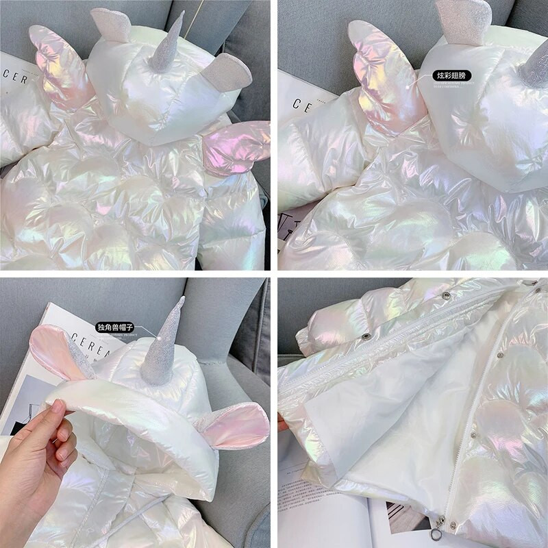 Jachetă de iarnă pentru fetiță, drăguț unicorn, paltoane colorate pentru fete, parka caldă cu glugă, costum de zăpadă, îmbrăcăminte exterioară pentru copii, rezistentă la vânt