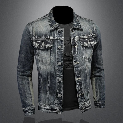 Džinsinė striukė su rudens gobtuvu su didesnio dydžio, šiek tiek laisvu motociklo džinsiniu striuku rudens kokybiška, stovinčia apykakle, vyriška džinsine striuke (M-5XL)