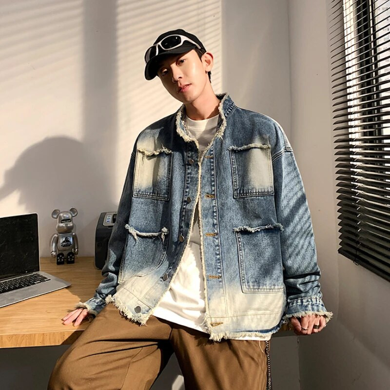 Pánske džínsové bundy, zostrihané, vyprané, oblečenie Y2k, vintage, streetwear, unisex, veľkosť S-3XL, tínedžerská móda, gradientné bundy, univerzálne