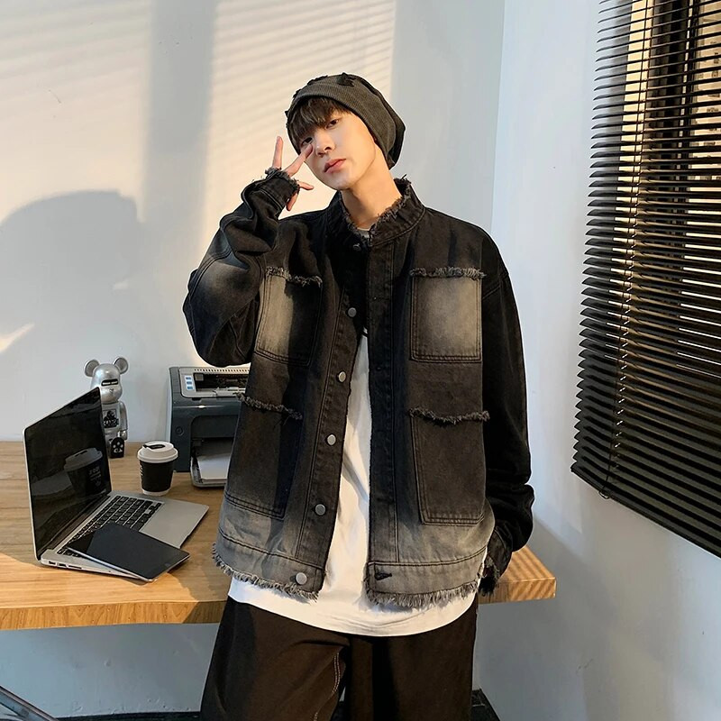 Pánske džínsové bundy, zostrihané, vyprané, oblečenie Y2k, vintage, streetwear, unisex, veľkosť S-3XL, tínedžerská móda, gradientné bundy, univerzálne