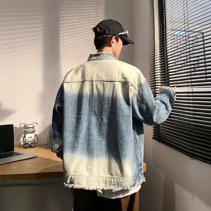 Pánske džínsové bundy, zostrihané, vyprané, oblečenie Y2k, vintage, streetwear, unisex, veľkosť S-3XL, tínedžerská móda, gradientné bundy, univerzálne