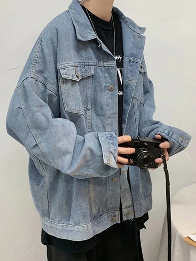 Pánska džínsová bunda Gmiixder, jarná jeseň, hongkonský štýl, nadrozmerné pracovné oblečenie, trendy retro hip hop džínsový kabát, unisex Kpop Streetwear