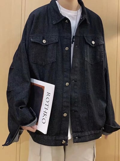 Pánska džínsová bunda Gmiixder, jarná jeseň, hongkonský štýl, nadrozmerné pracovné oblečenie, trendy retro hip hop džínsový kabát, unisex Kpop Streetwear