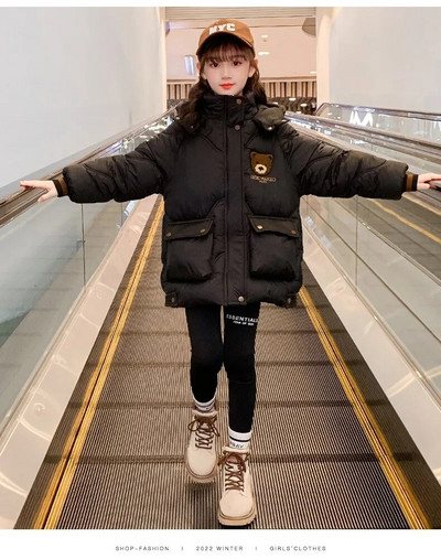 5-12 rokov Roztomilý kreslený medvedík Dievčenská bavlnená bunda s kapucňou a páperovou podprsenkou Zimná hrubá teplá parka Detský kabát so zipsom Vrchné oblečenie Detské oblečenie