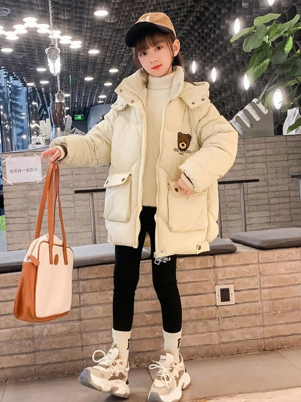 5-12 rokov Roztomilý kreslený medvedík Dievčenská bavlnená bunda s kapucňou a páperovou podprsenkou Zimná hrubá teplá parka Detský kabát so zipsom Vrchné oblečenie Detské oblečenie