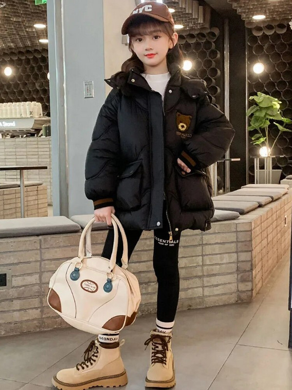 5-12 rokov Roztomilý kreslený medvedík Dievčenská bavlnená bunda s kapucňou a páperovou podprsenkou Zimná hrubá teplá parka Detský kabát so zipsom Vrchné oblečenie Detské oblečenie