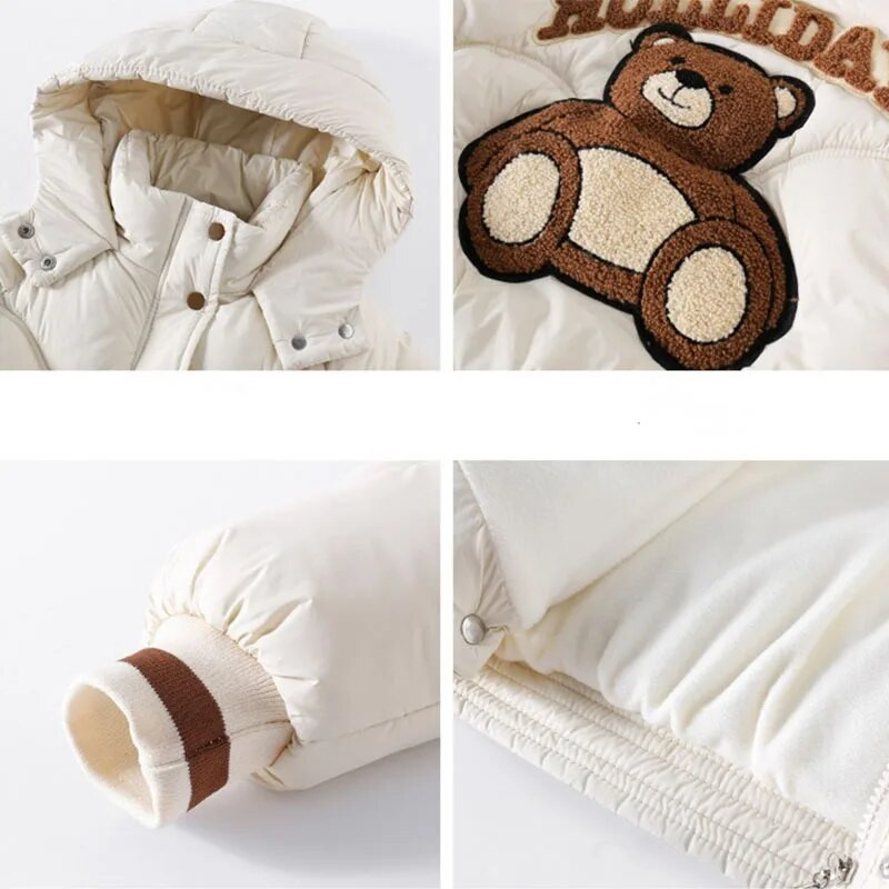 5-12 rokov Roztomilý kreslený medvedík Dievčenská bavlnená bunda s kapucňou a páperovou podprsenkou Zimná hrubá teplá parka Detský kabát so zipsom Vrchné oblečenie Detské oblečenie